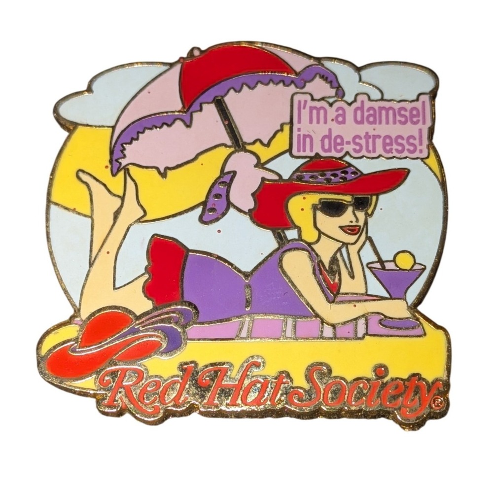 Red Hat Society Damsel in De-Stress Beach Enamel Pin 2008 Purple Red Gold Tone